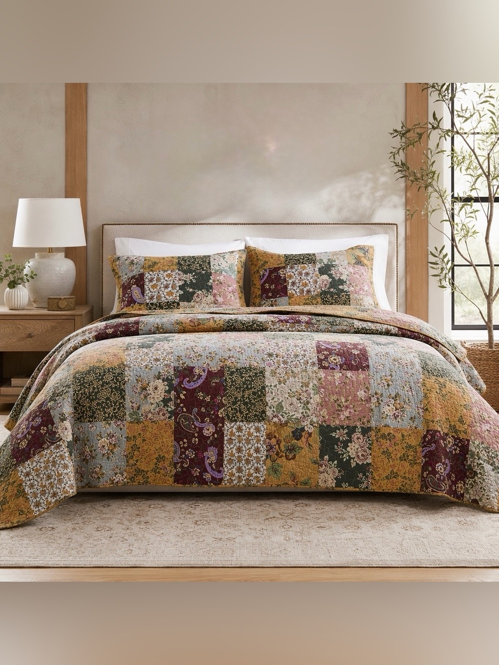 NEW Anthropologie Cotton Reversible Patchwork Queen King Bedding Quilt Sham Set - Picture 5 of 15